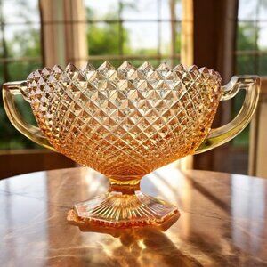 Vintage Westmoreland Glass Amber Sawtooth Diamond Point Pedestal Bowl  GLOWS